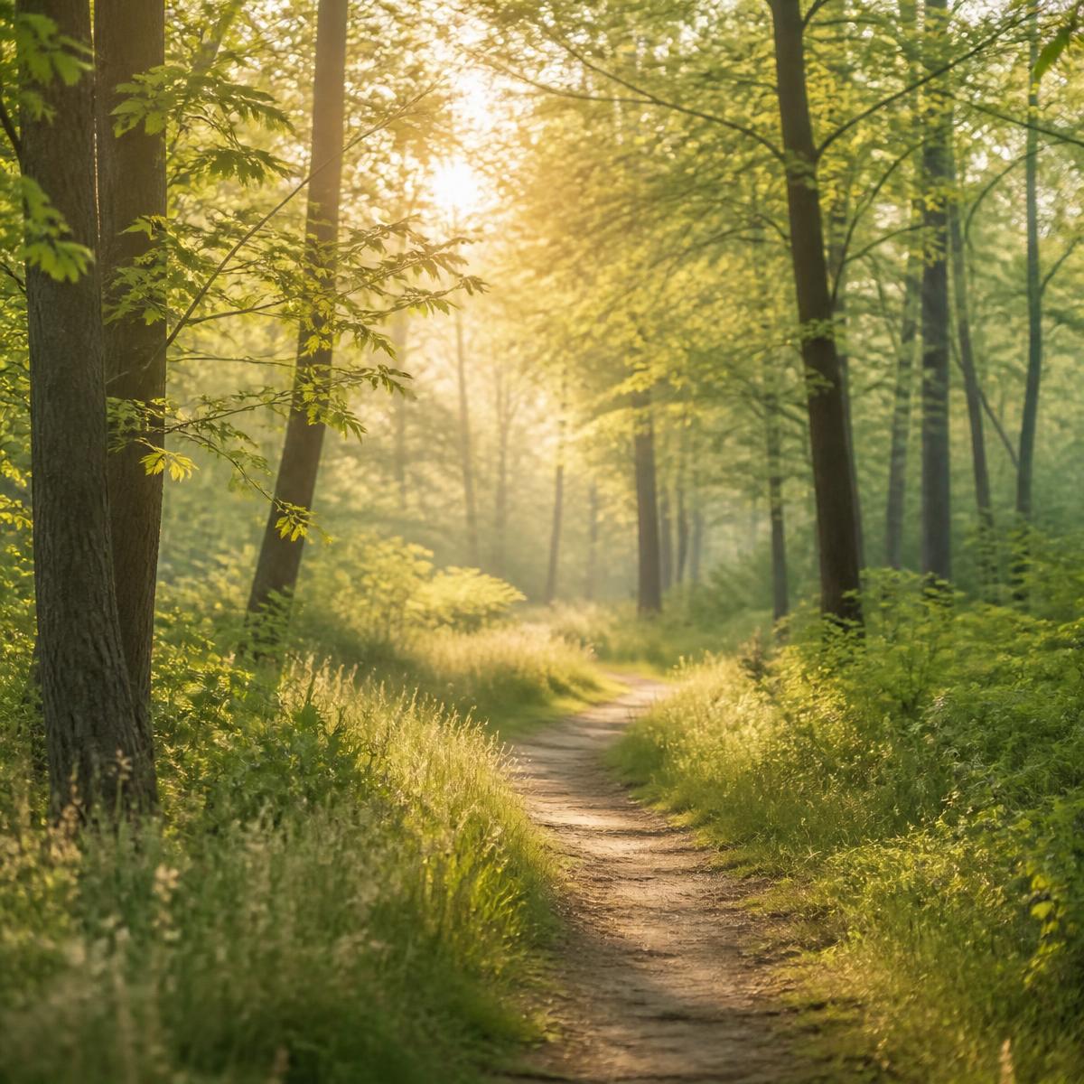Sonniger Waldweg in ruhiger, natürlicher Umgebung